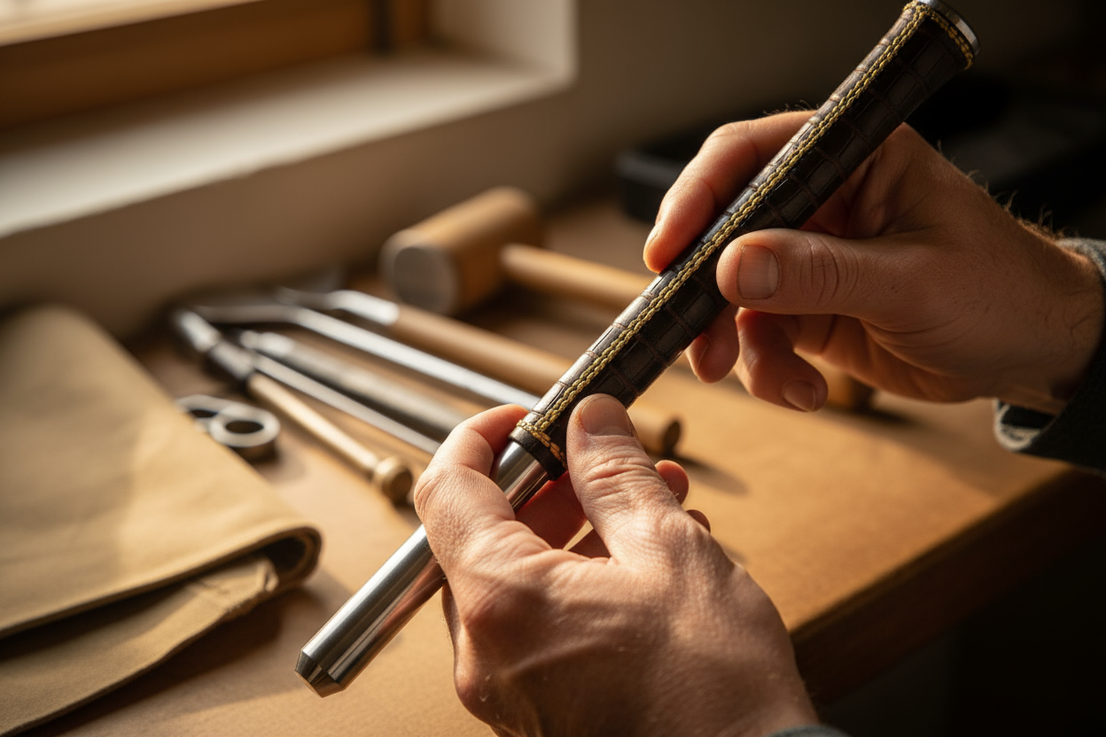 “Macro shot of hands crafting a premium golf item, texture-rich materials, warm artisan lighting.”